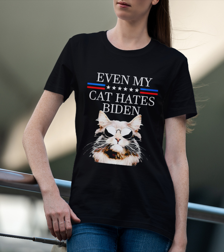 Even My Cat Hates Biden Stars And Stripes Sunglasses Cat T-Shirt