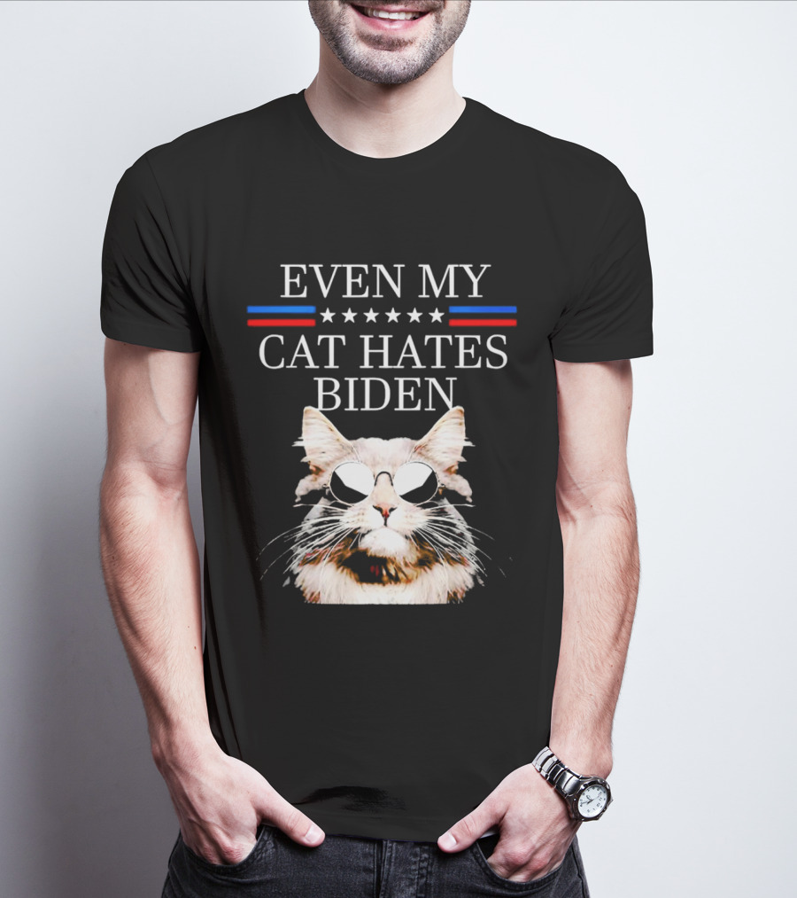 Even My Cat Hates Biden Stars And Stripes Sunglasses Cat T-Shirt