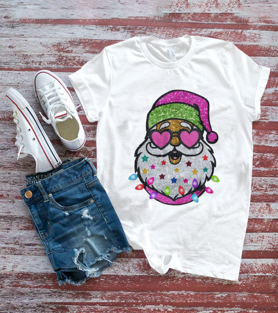 Glittery Pink Santa Claus With Heart Sunglasses And Colorful Stars And Holiday Lights T-Shirt
