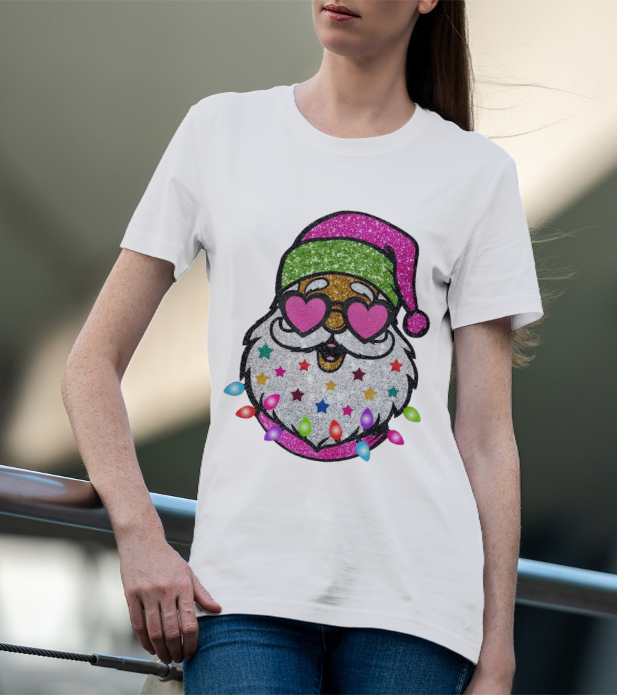 Glittery Pink Santa Claus With Heart Sunglasses And Colorful Stars And Holiday Lights T-Shirt