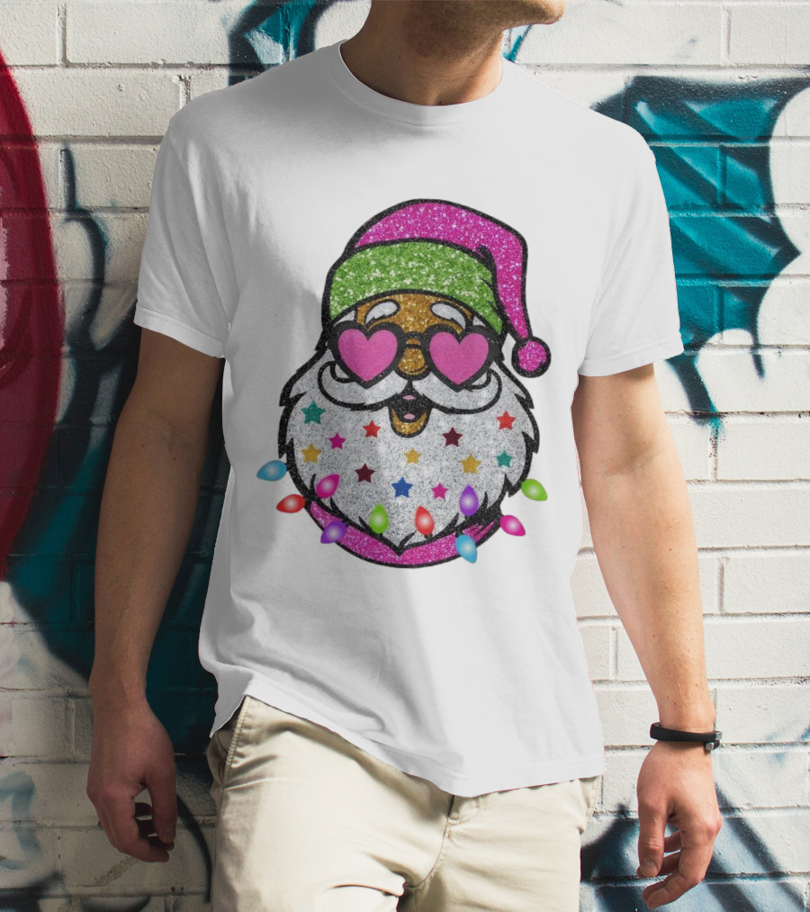 Glittery Pink Santa Claus With Heart Sunglasses And Colorful Stars And Holiday Lights T-Shirt