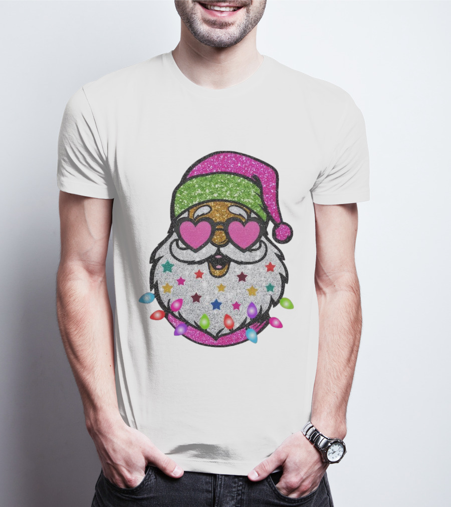 Glittery Pink Santa Claus With Heart Sunglasses And Colorful Stars And Holiday Lights T-Shirt
