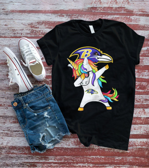 Unicorn Dabbing Baltimore Ravens Emblem Rainbow Colors T-Shirt