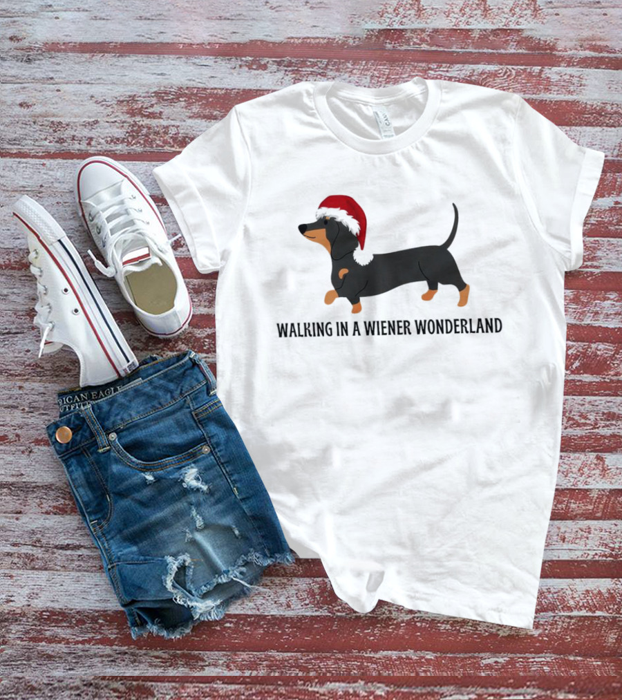 Christmas Walking In A Wiener Wonderland Dachshund With Santa Hat T-Shirt