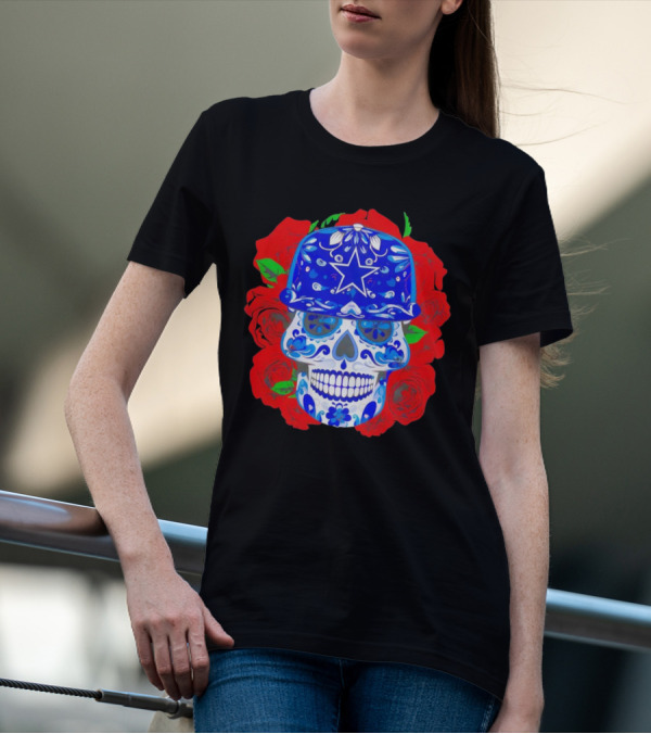 Dallas Cowboys Sugar Skull With Blue Star Hat And Roses T-Shirt