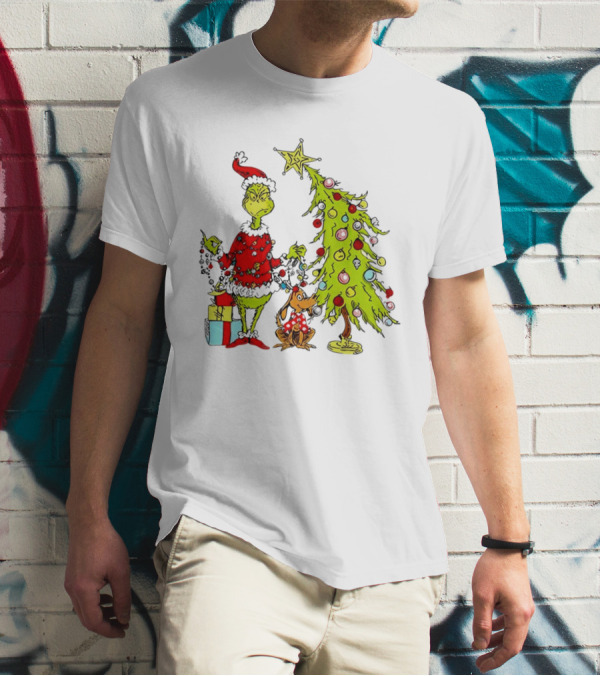Grinch In Santa Hat And Dog With Christmas Tree And Presents T-Shirt