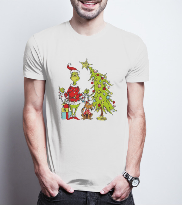Grinch In Santa Hat And Dog With Christmas Tree And Presents T-Shirt