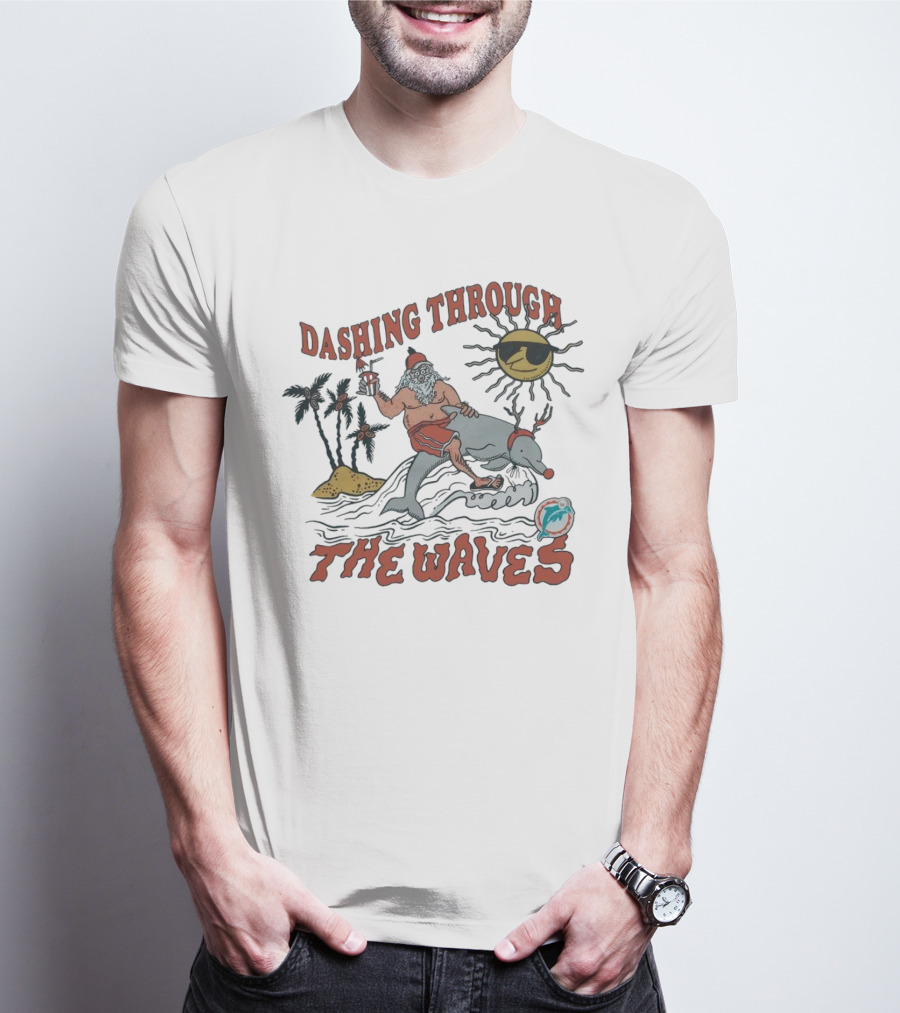 Dashing Through The Waves Miami Dolphins Christmas Santa Riding Dolphin T-Shirt