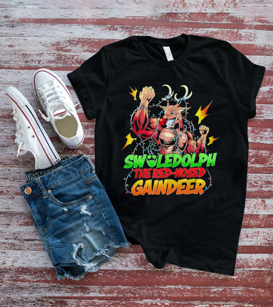 Swoledolph The Red-Nosed Gaindeer Christmas Lights Flexing T-Shirt