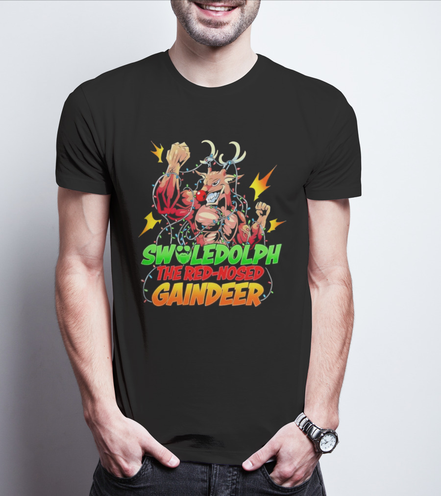 Swoledolph The Red-Nosed Gaindeer Christmas Lights Flexing T-Shirt