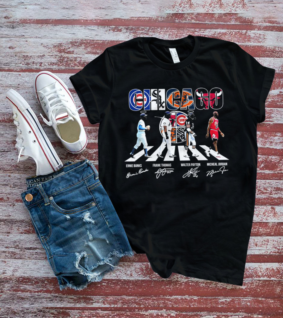 Chicago Cubs Bears Bulls Abbey Road Ernie Banks Frank Thomas Walter Payton Michael Jordan Signatures T-Shirt