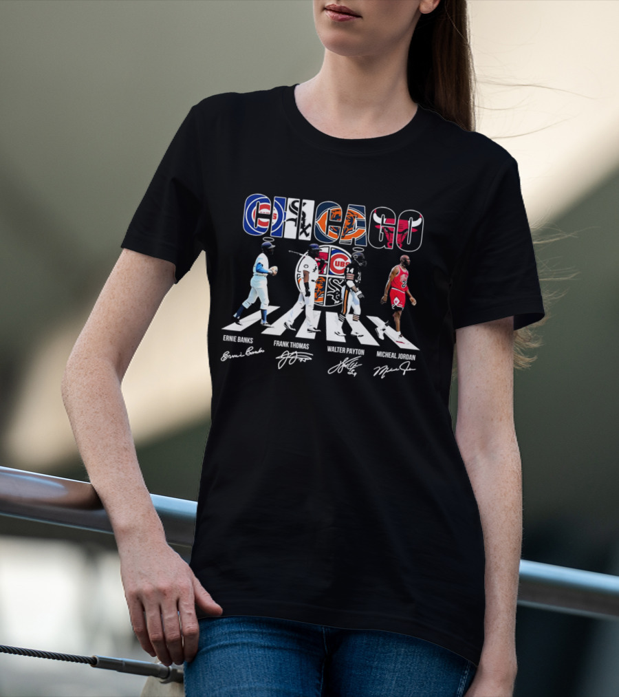 Chicago Cubs Bears Bulls Abbey Road Ernie Banks Frank Thomas Walter Payton Michael Jordan Signatures T-Shirt
