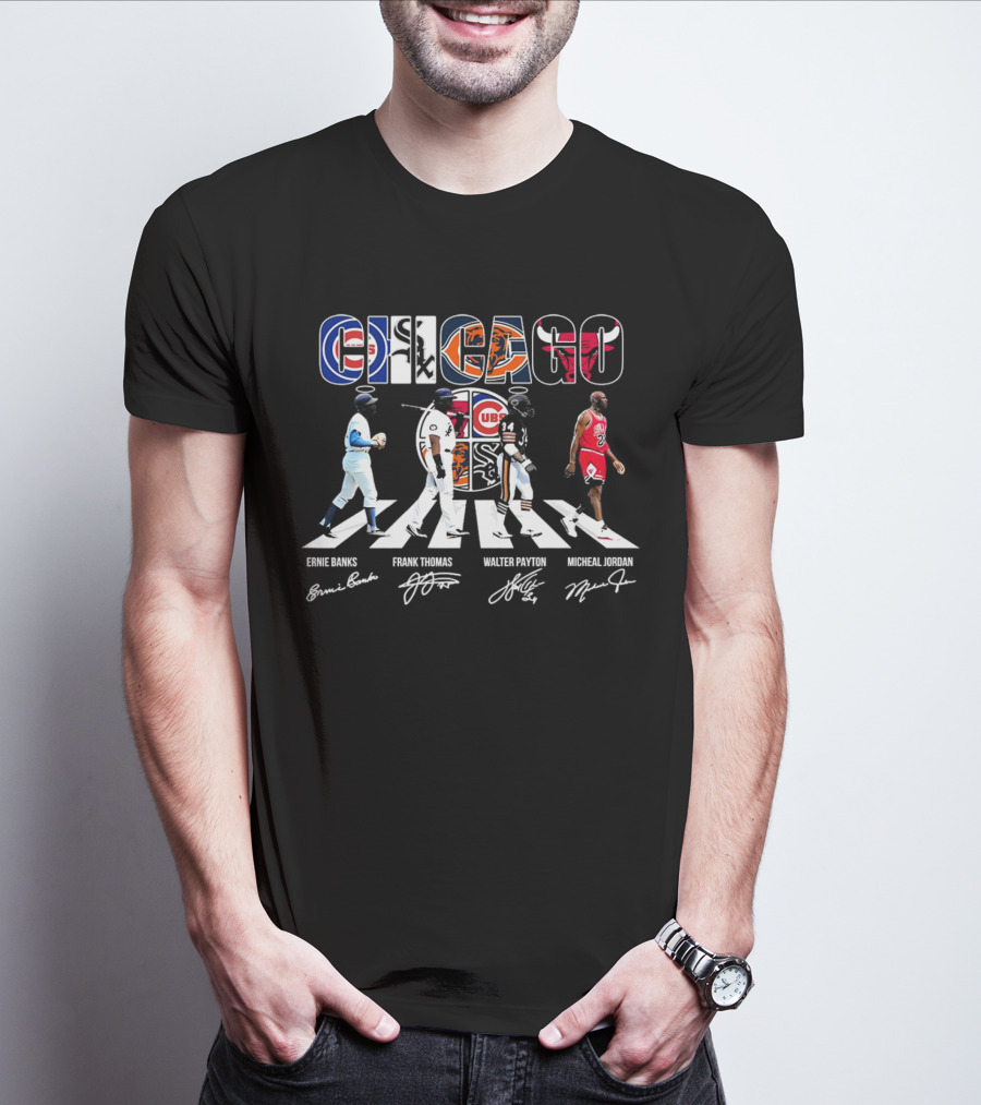Chicago Cubs Bears Bulls Abbey Road Ernie Banks Frank Thomas Walter Payton Michael Jordan Signatures T-Shirt