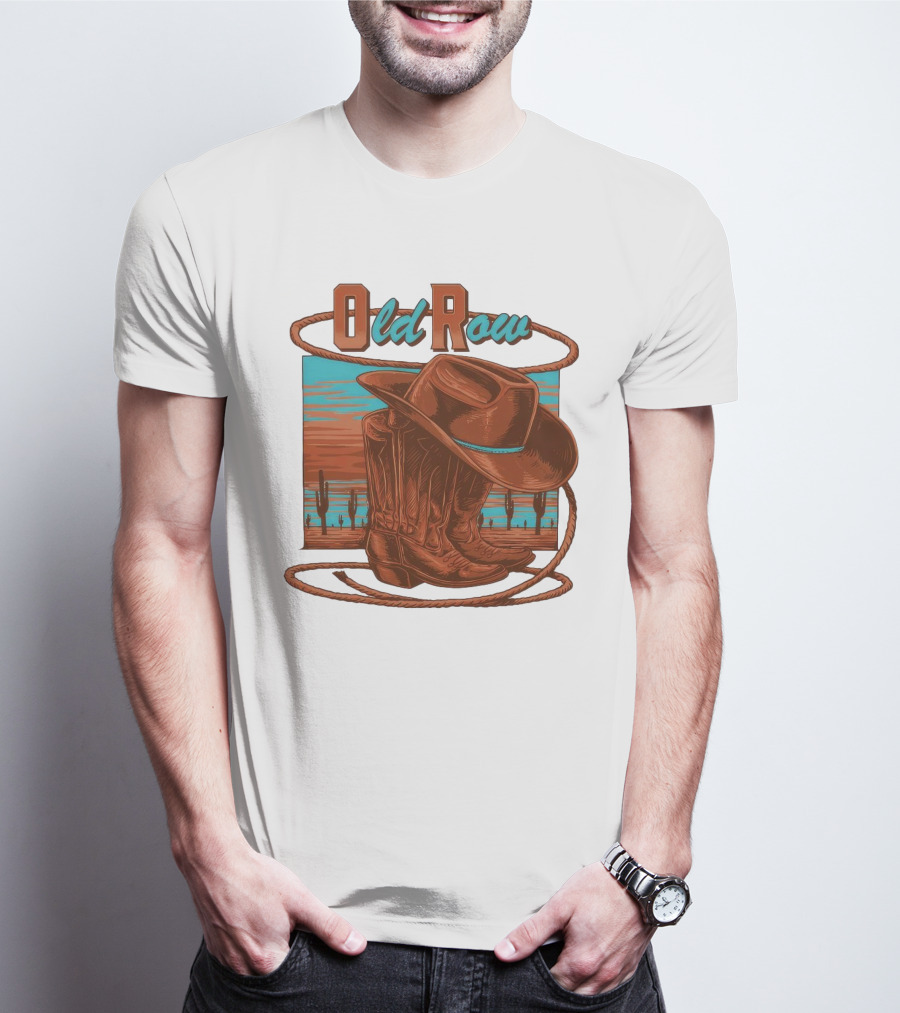 Old Row Western Cowboy Boots And Hat Desert Scene T-Shirt