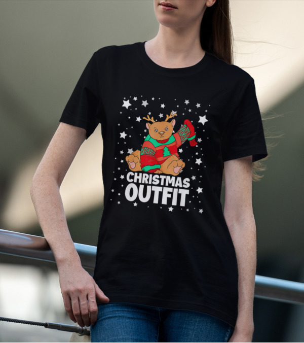 Bear Reindeer Christmas Outfit With Festive Sweater And Stars T-Shirt