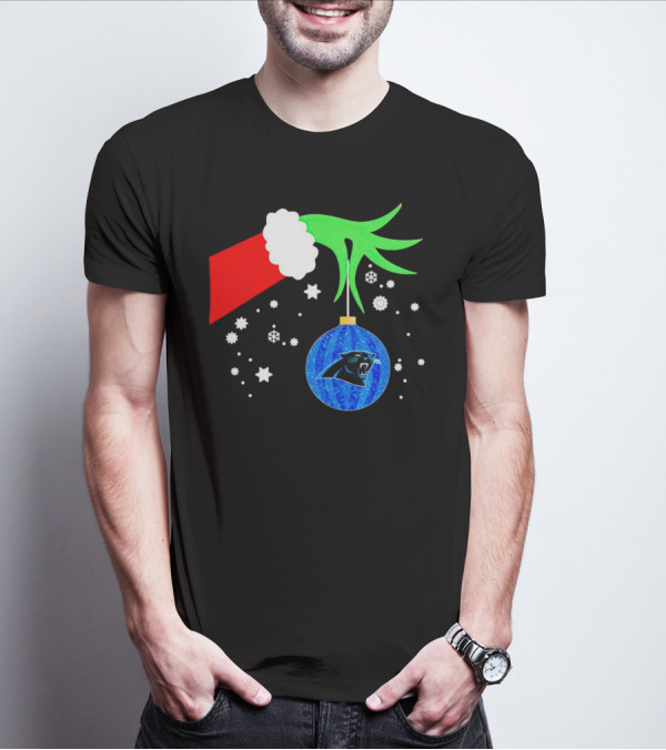 The Grinch Holding Carolina Panthers Christmas Ornament With Snowflakes T-Shirt