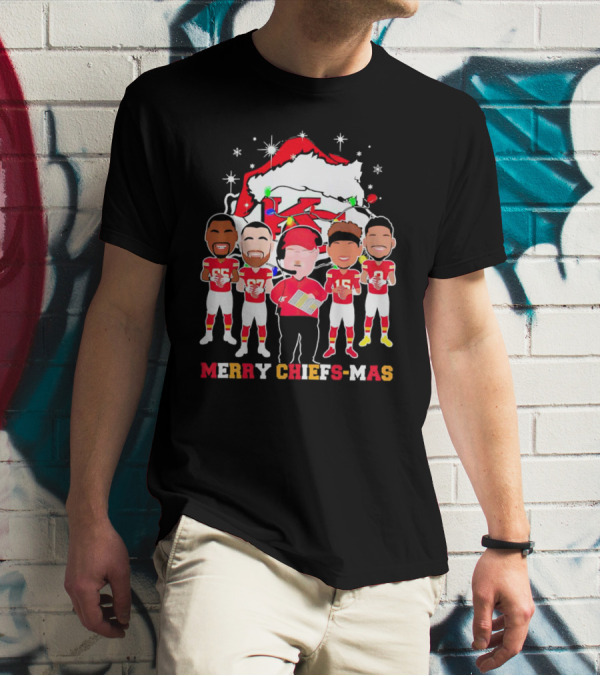 Kansas City Chiefs Merry Chiefs-Mas Christmas NFL Team Festive Cartoon Players And Santa Hat T-Shirt
