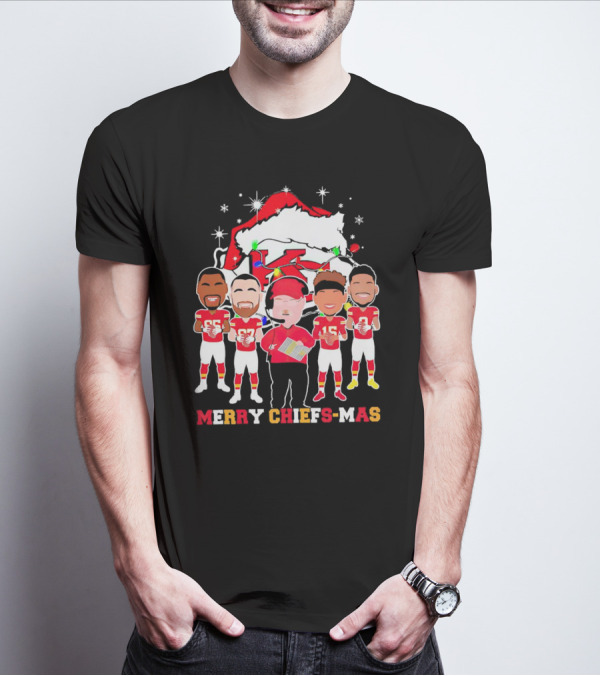 Kansas City Chiefs Merry Chiefs-Mas Christmas NFL Team Festive Cartoon Players And Santa Hat T-Shirt