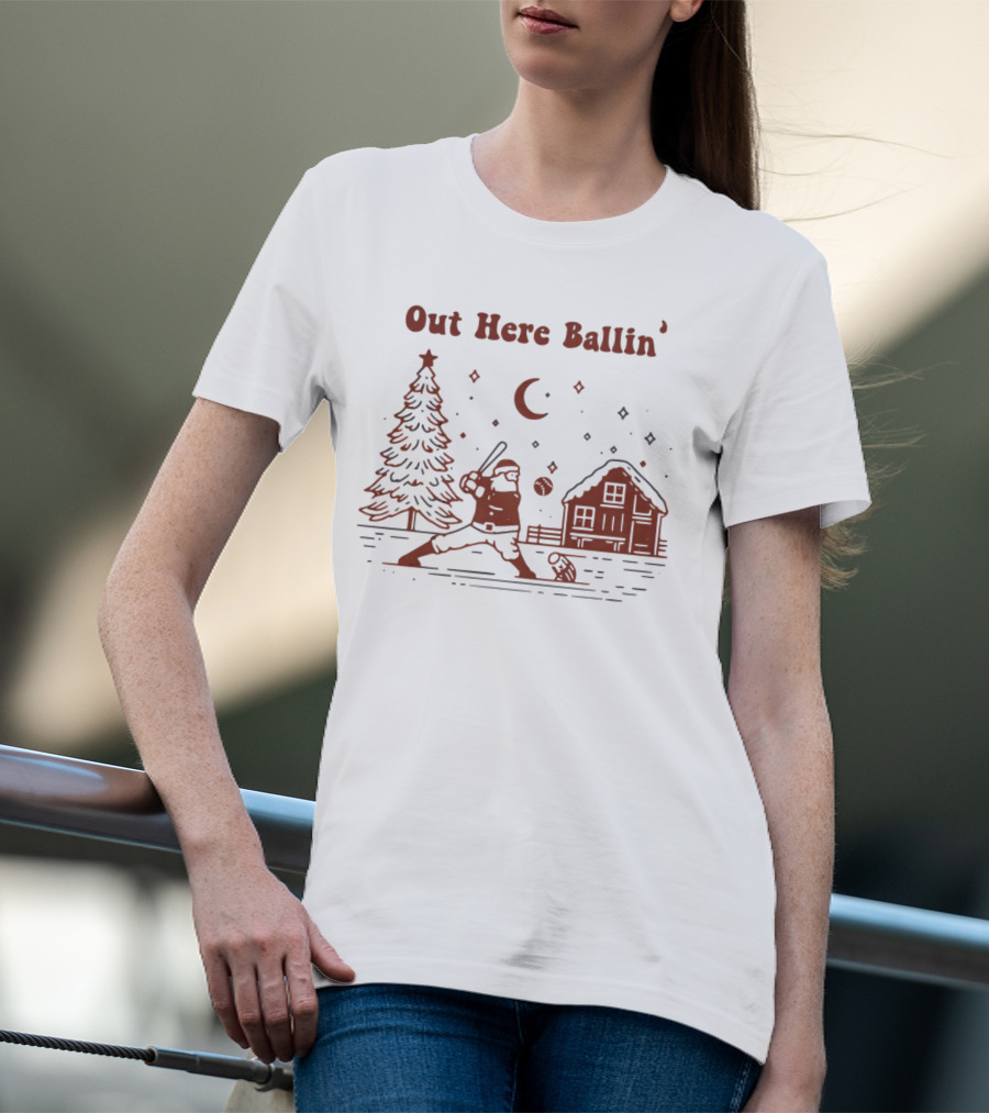Out Here Ballin' Santa Playing Baseball Christmas Scene T-Shirt