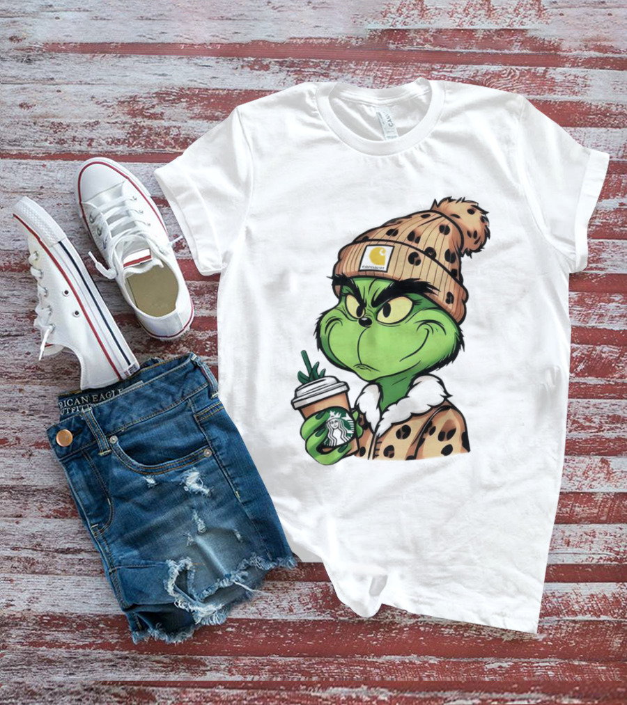 Grinch Boujee Leopard Coffee Cozy Winter T-Shirt