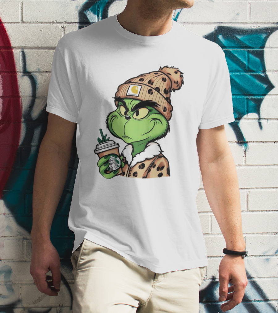 Grinch Boujee Leopard Coffee Cozy Winter T-Shirt
