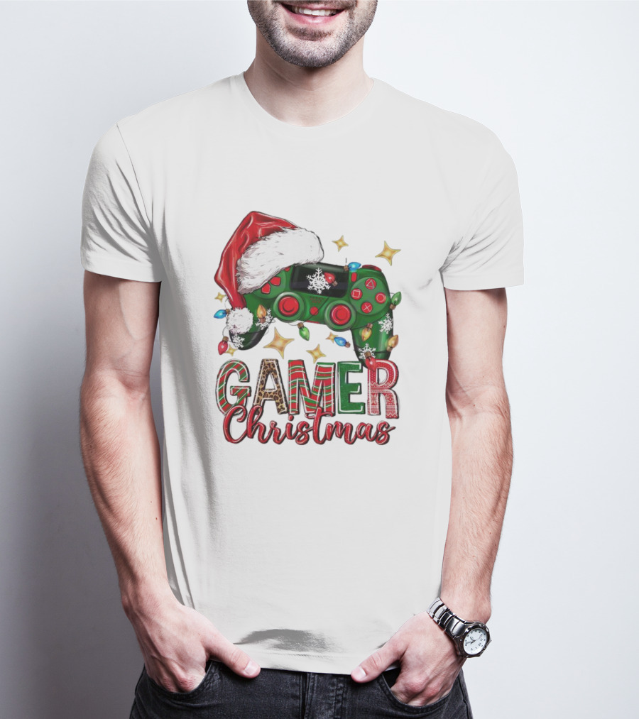Gamer Christmas Santa Hat Game Controller Holiday Lights T-Shirt