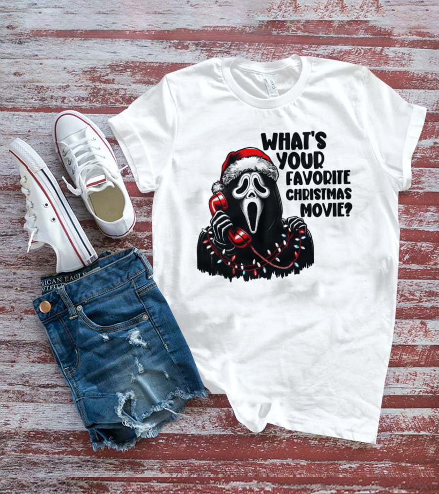 Ghostface What's Your Favorite Christmas Movie Festive Horror Santa Hat Phone Lights T-Shirt