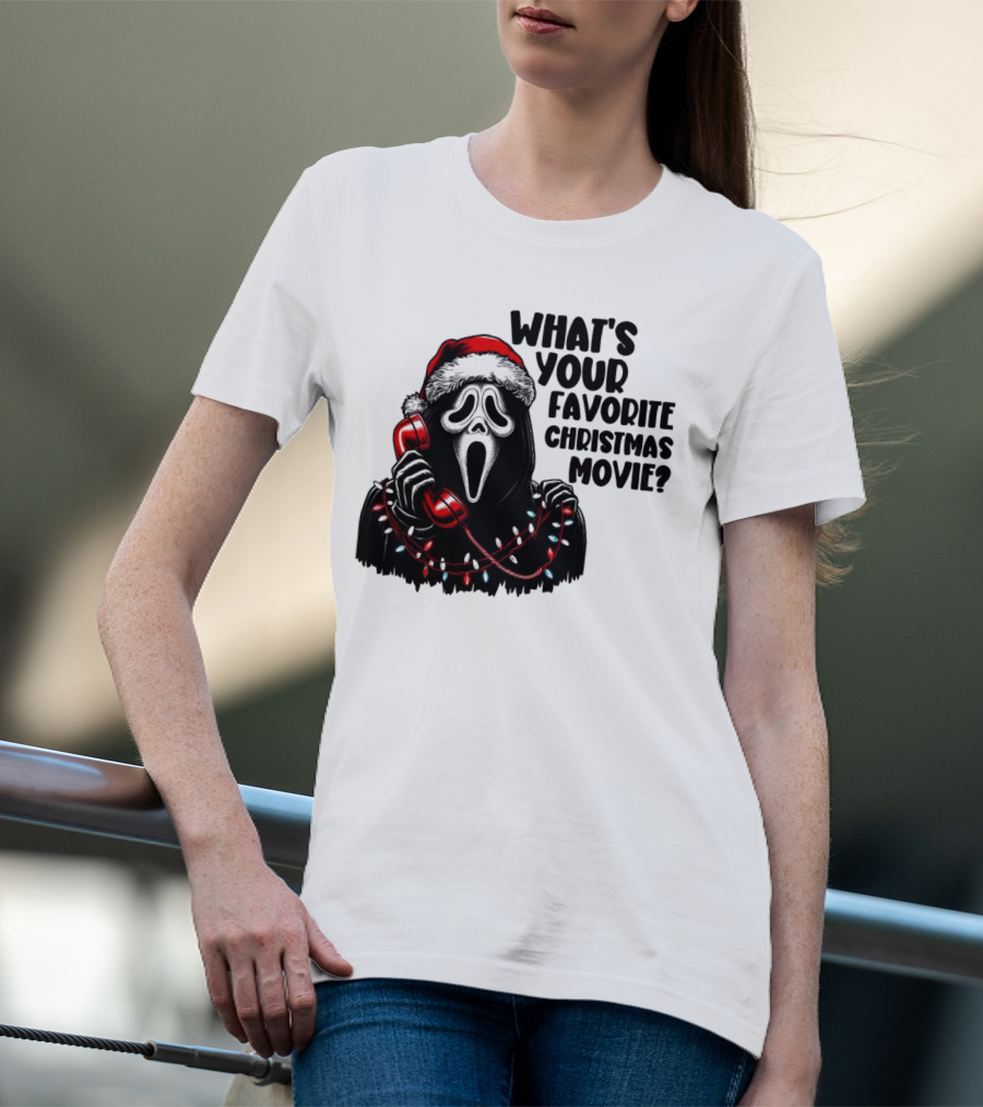 Ghostface What's Your Favorite Christmas Movie Festive Horror Santa Hat Phone Lights T-Shirt