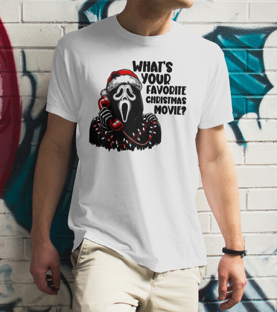 Ghostface What's Your Favorite Christmas Movie Festive Horror Santa Hat Phone Lights T-Shirt