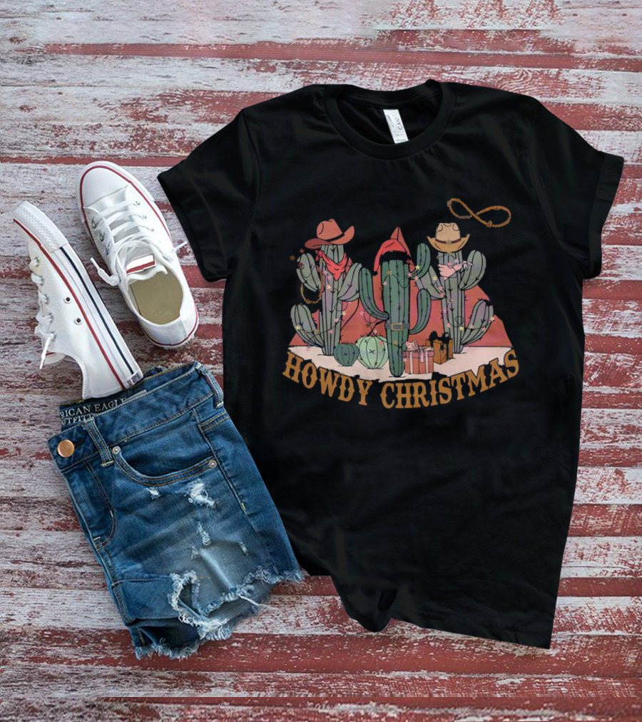 Howdy Christmas Cactus Cowboy Hats And Lasso Holiday Scene T-Shirt