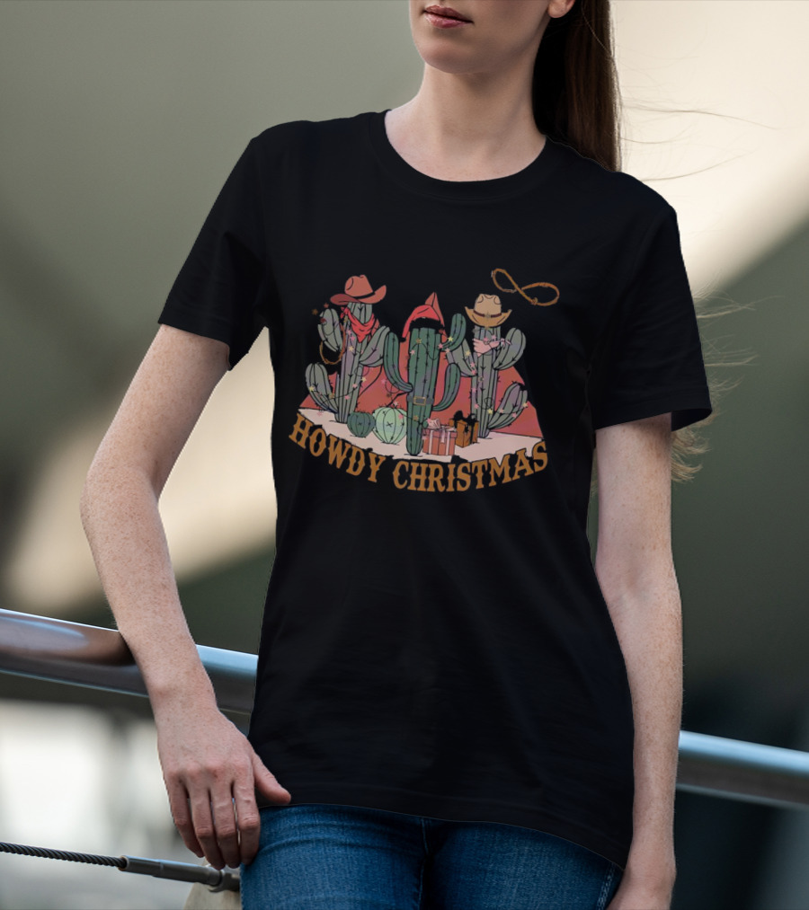 Howdy Christmas Cactus Cowboy Hats And Lasso Holiday Scene T-Shirt
