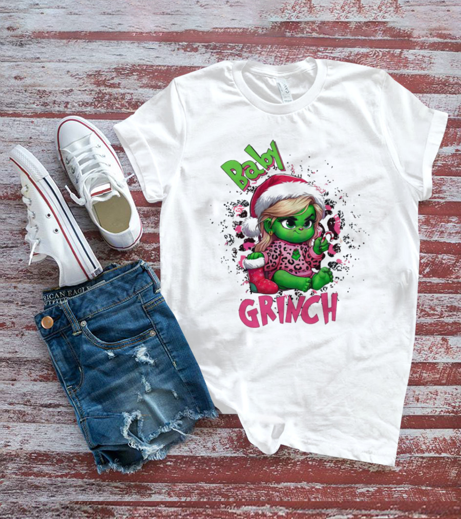 Baby Grinch Pink Leopard Christmas T-Shirt