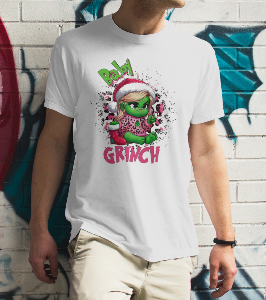 Baby Grinch Pink Leopard Christmas T-Shirt