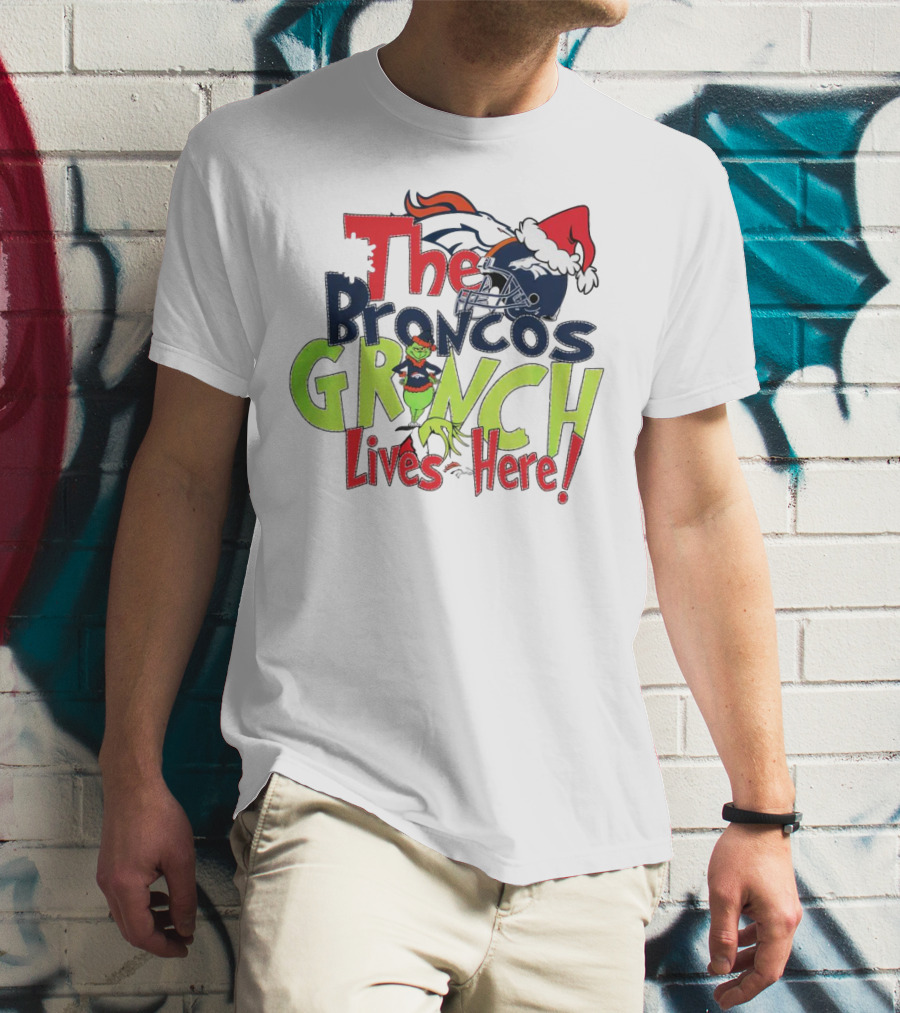 The Broncos Grinch Lives Here Christmas Denver Broncos Santa Hat Helmet T-Shirt