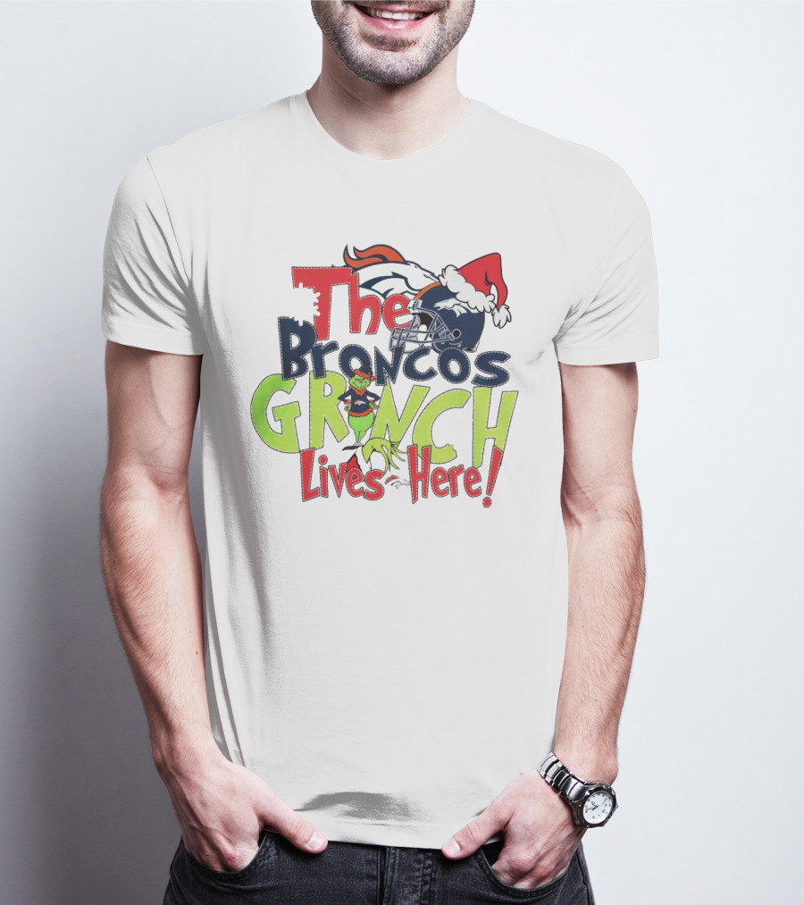 The Broncos Grinch Lives Here Christmas Denver Broncos Santa Hat Helmet T-Shirt