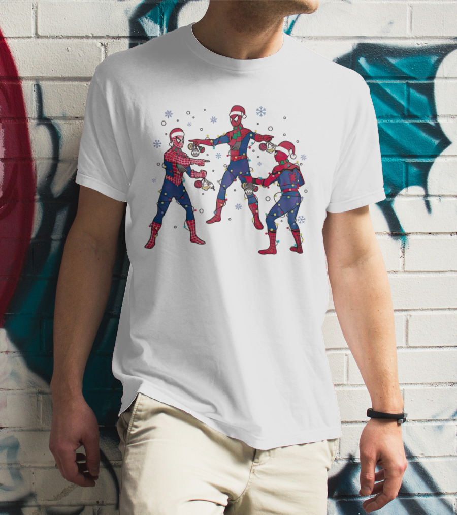 Funny Marvel Three Spiderman Meme Santa Christmas Lights Snowflakes T-Shirt