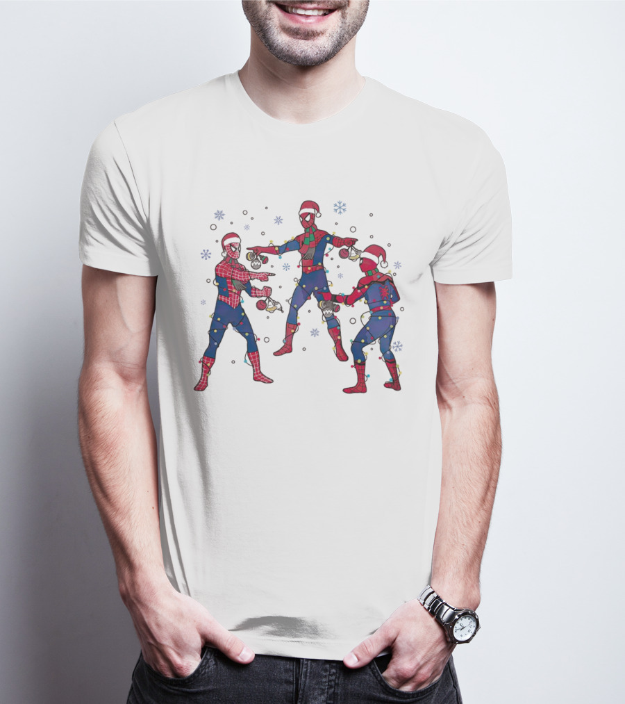 Funny Marvel Three Spiderman Meme Santa Christmas Lights Snowflakes T-Shirt