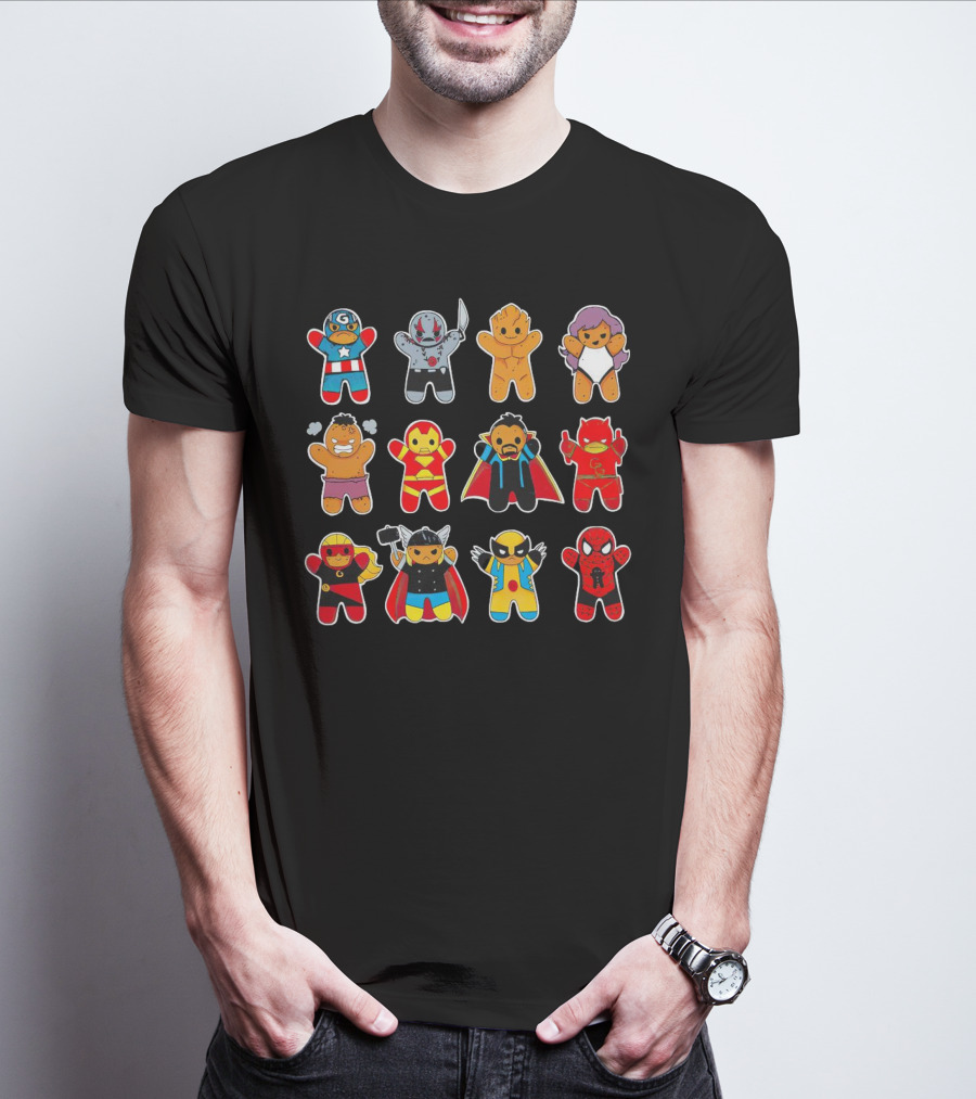 Gingerbread Super Heroes Cookie Avengers Guardians Comic Fun T-Shirt