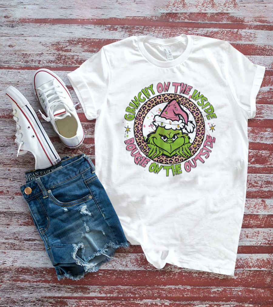Grinchy On The Inside Bougie On The Outside Leopard Santa Hat T-Shirt