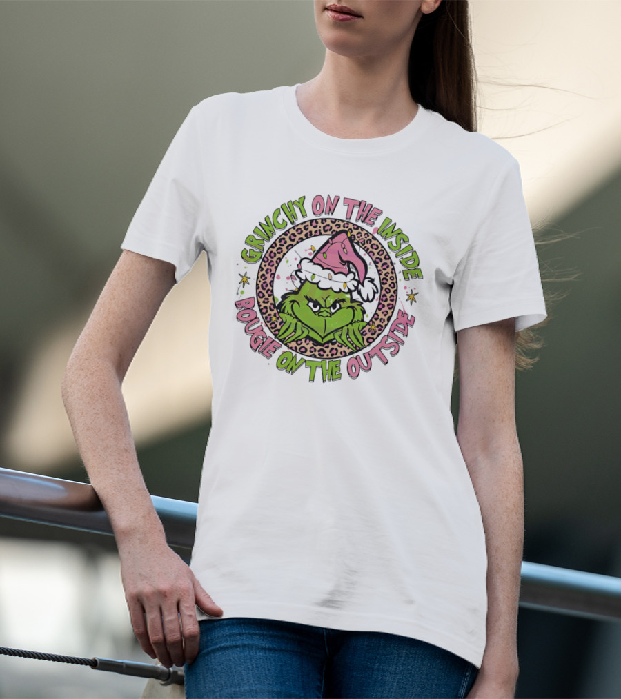 Grinchy On The Inside Bougie On The Outside Leopard Santa Hat T-Shirt
