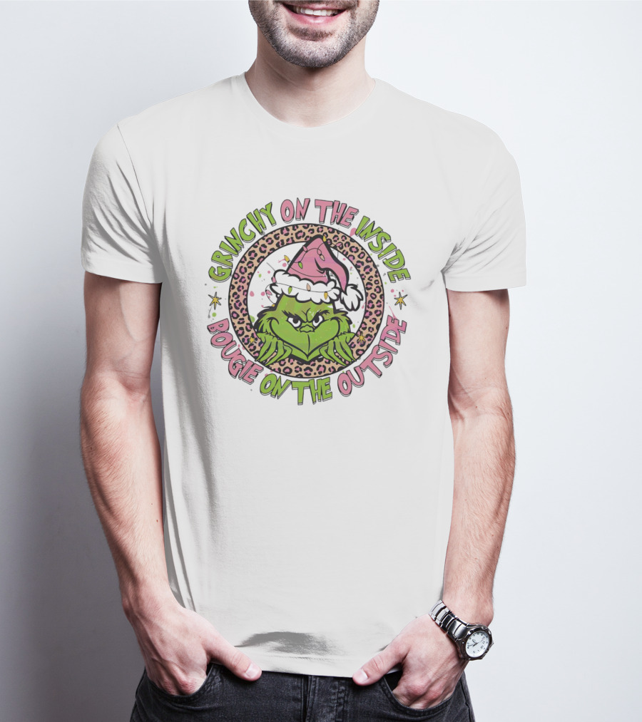 Grinchy On The Inside Bougie On The Outside Leopard Santa Hat T-Shirt