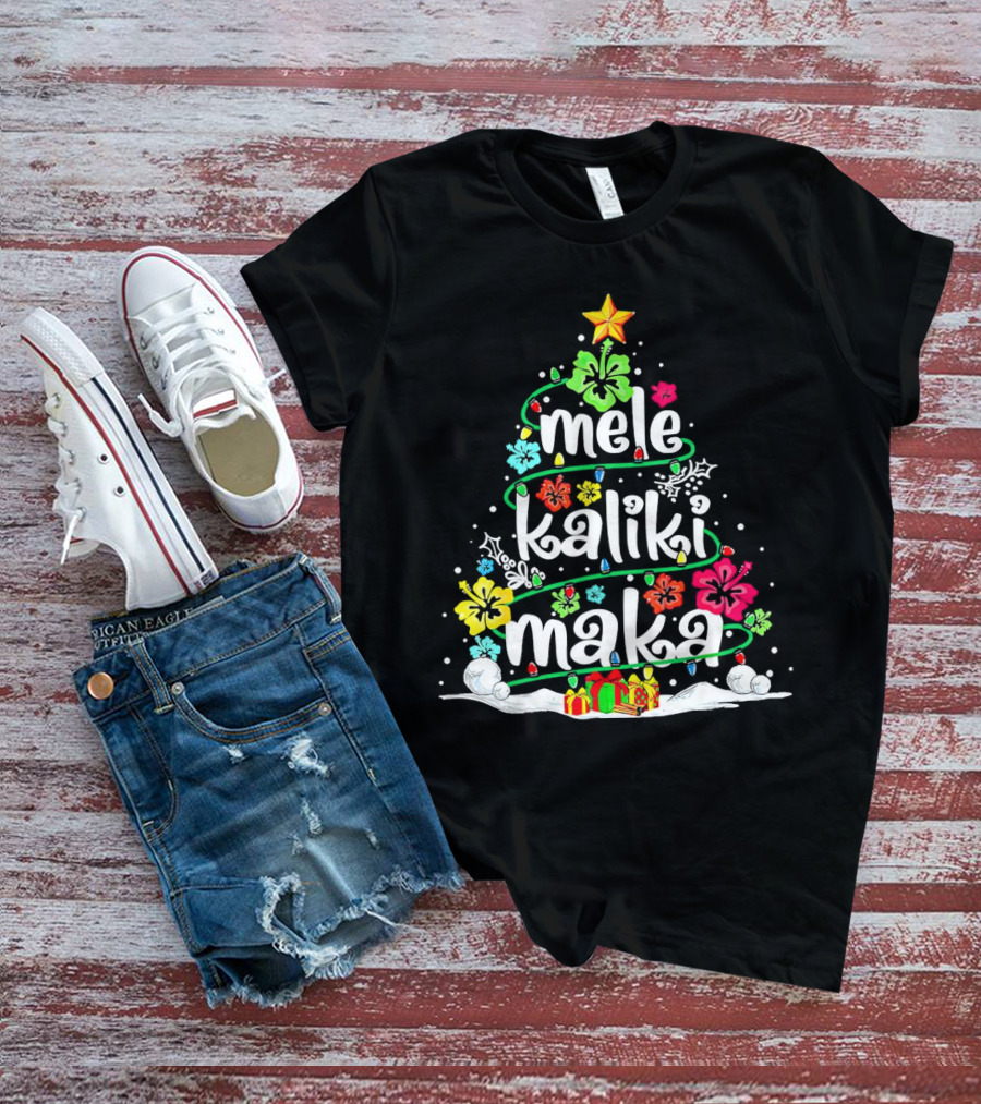 Mele Kalikimaka Christmas Tree With Flowers And Gifts T-Shirt