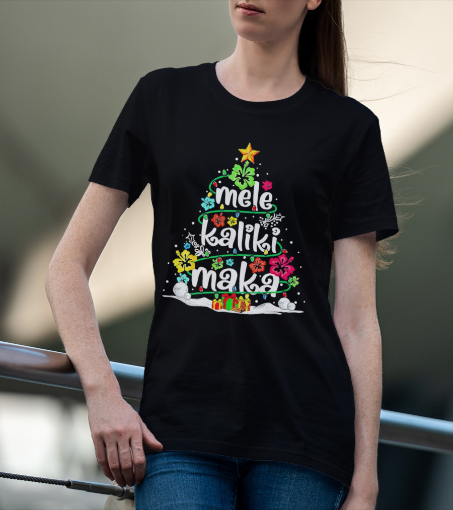 Mele Kalikimaka Christmas Tree With Flowers And Gifts T-Shirt