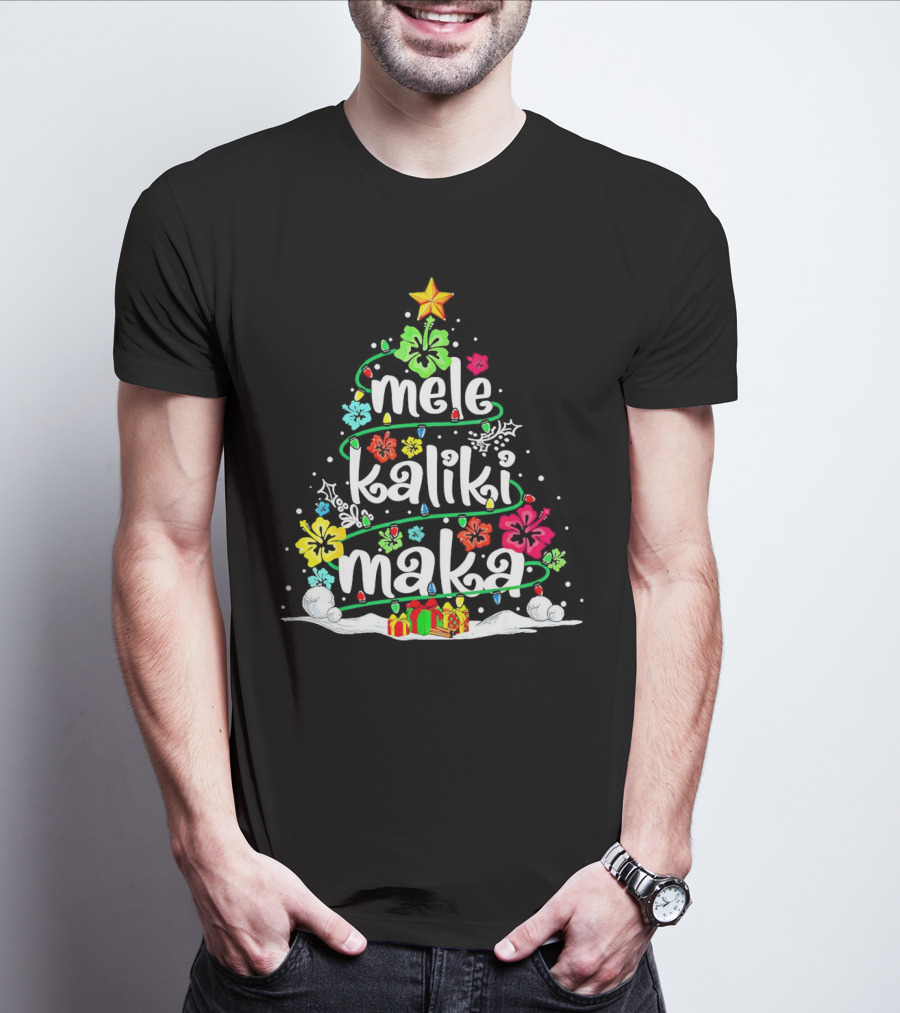 Mele Kalikimaka Christmas Tree With Flowers And Gifts T-Shirt