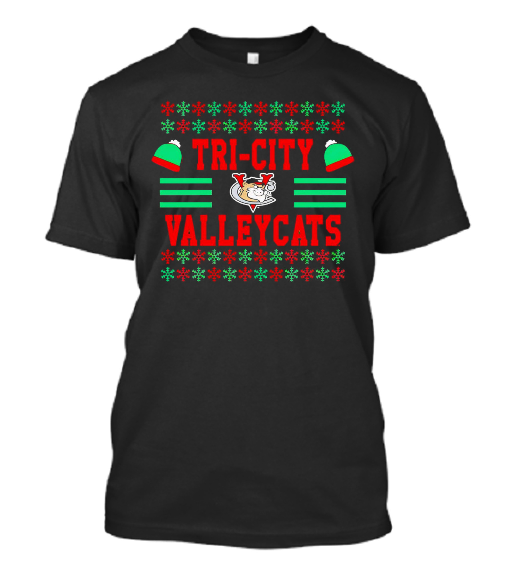 Tri-City ValleyCats Holiday Snowflake Pattern With Festive Hat And Cat T-Shirt