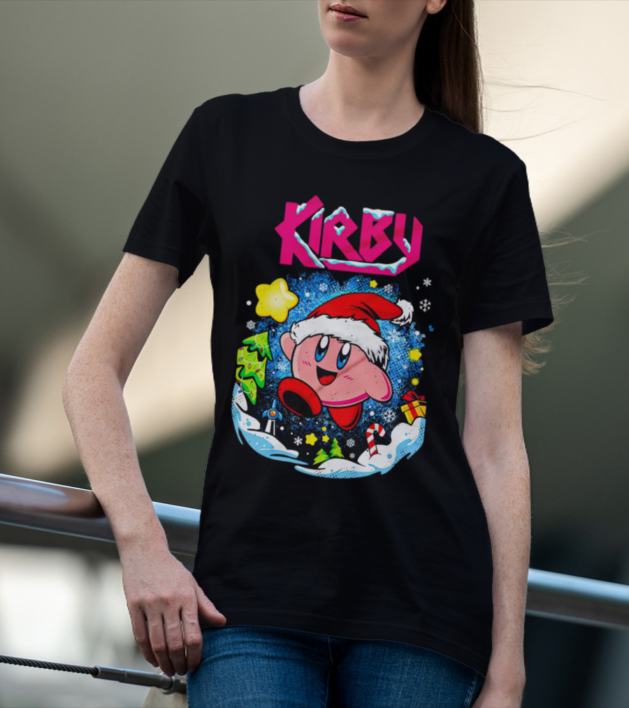 Kirby Holiday Snow Adventure With Kreator Style Santa Hat And Winter Delights T-Shirt