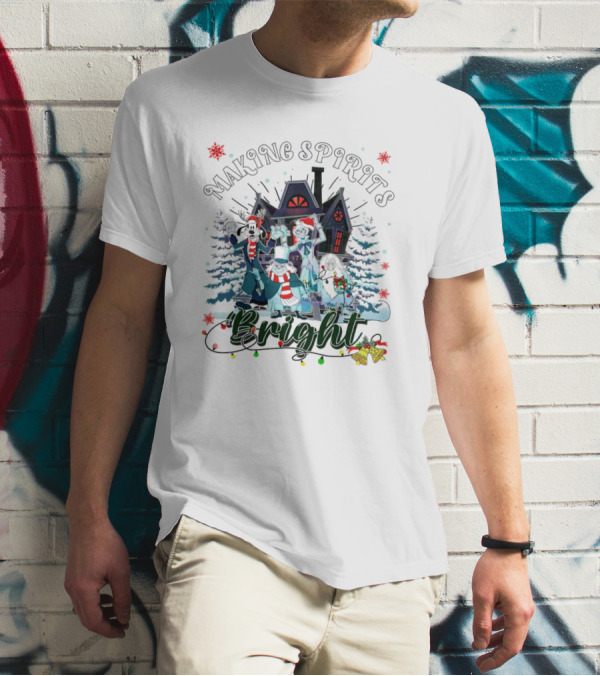 Making Spirits Bright Haunted Mansion Christmas Ghosts In Winter Scene T-Shirt