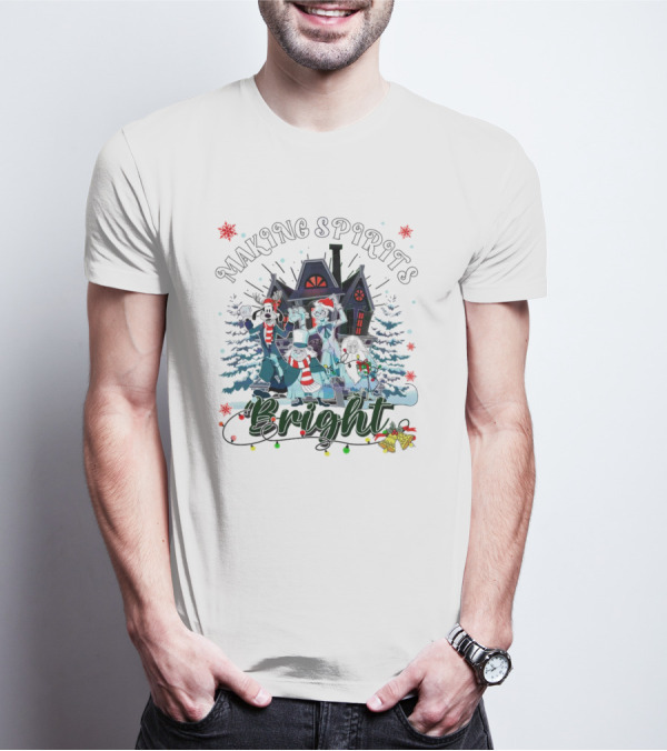 Making Spirits Bright Haunted Mansion Christmas Ghosts In Winter Scene T-Shirt