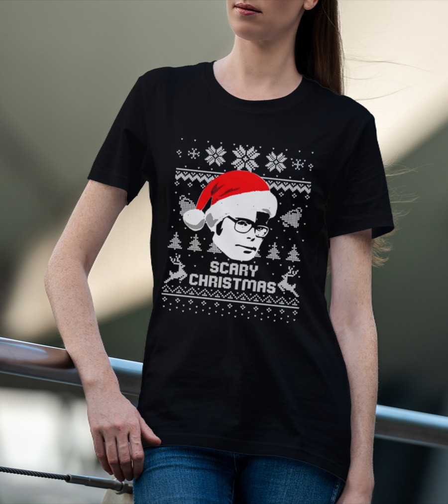 Stephen King Scary Christmas Ugly Sweater Santa Hat Reindeer Snowflakes T-Shirt