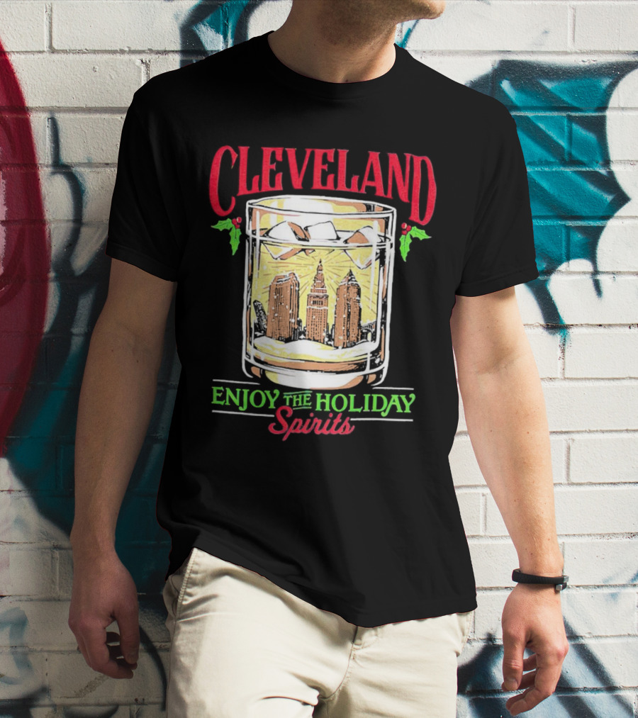 Cleveland Skyline In Whiskey Glass Enjoy The Holiday Spirits T-Shirt